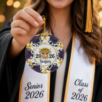 Alternative view of Highland Cow Senior 2026 Graduation Ornament, Class of 2026 Purple Cap Sunflower Christmas Ornament, Graduate Keepsake Gift