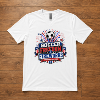 Alternative view of Soccer Freedom and Fireworks Shirt, USA Game Day 2026 Patriotic Soccer T-Shirt, Red White Blue Fan Tee
