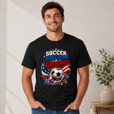 Alternative view of Soccer Freedom and Fireworks Shirt, USA Game Day 2026 Patriotic Soccer T-Shirt Youth, Red White Blue Sports Fan Tee