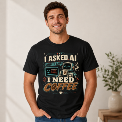 Alternative view of I Asked AI and It Said I Need Coffee Shirt, Funny AI Coffee Lover T-Shirt, Retro Robot Office Humor Tee