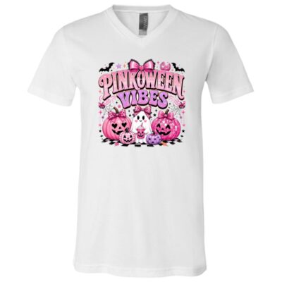 Pinkoween Vibes Shirt, Cute Pink Halloween Ghost Pumpkin T-Shirt, Coquette Spooky Season Tee, White, V-Neck T-Shirt