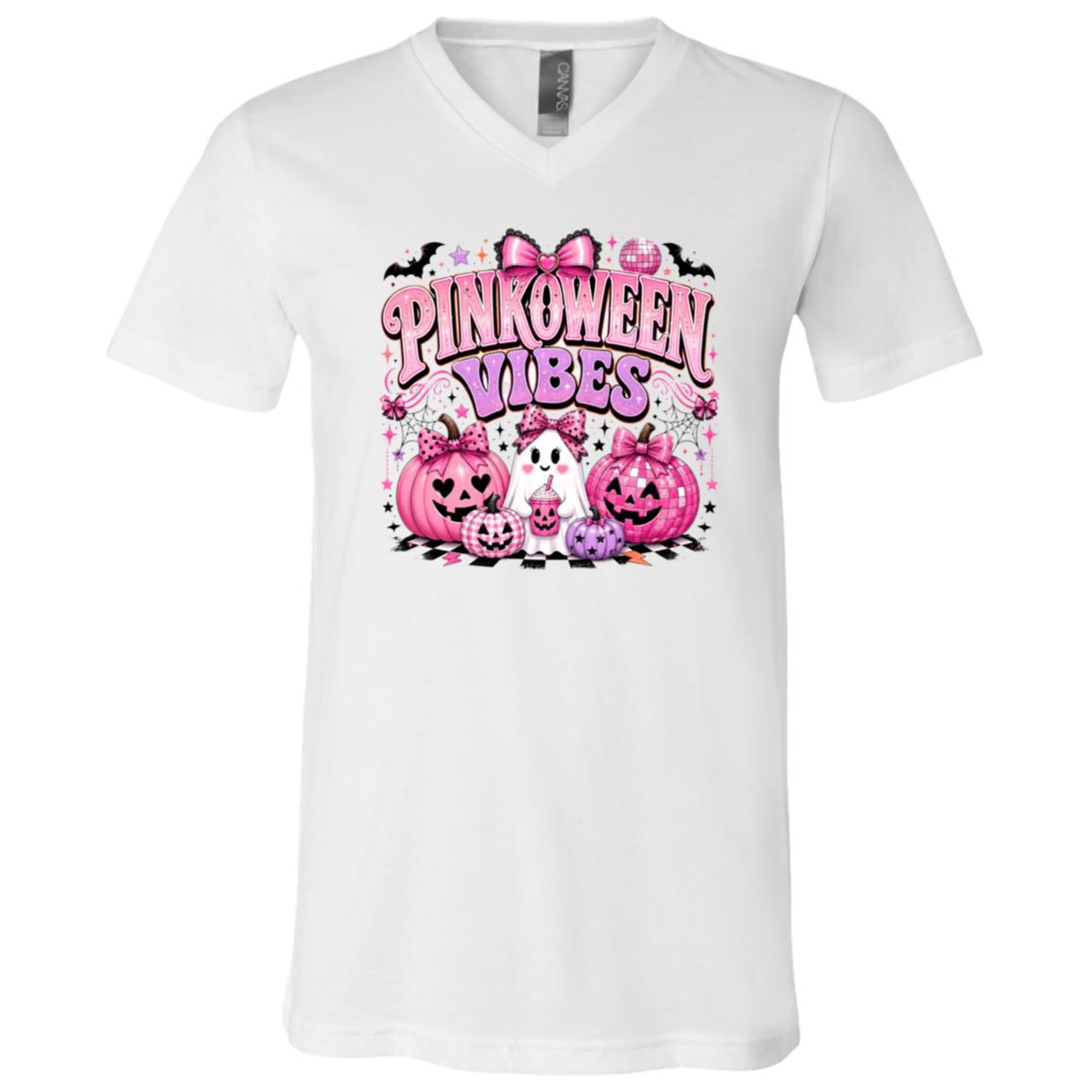 Pinkoween Vibes Shirt, Cute Pink Halloween Ghost Pumpkin T-Shirt, Coquette Spooky Season Tee, White, V-Neck T-Shirt Pinkoween Vibes Shirt, Cute Pink Halloween Ghost Pumpkin T-Shirt, Coquette Spooky Season Tee, White, V-Neck T-Shirt