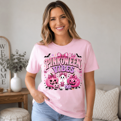 Alternative view of Pinkoween Vibes Shirt, Cute Pink Halloween Ghost Pumpkin T-Shirt, Coquette Spooky Season Tee