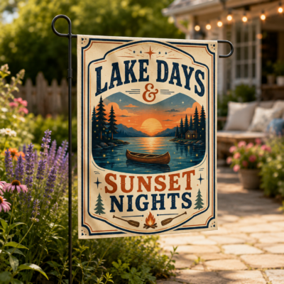 Alternative view of Lake Days & Sunset Nights Garden Flag, Vintage Lake House Outdoor Flag, Retro Summer Camping Yard Decor