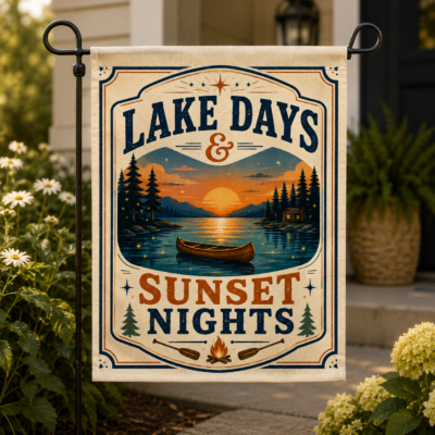 Lake Days & Sunset Nights Garden Flag, Vintage Lake House Outdoor Flag, Retro Summer Camping Yard Decor