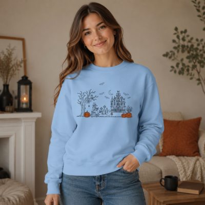 Alternative view of Minimal Haunted House Halloween Sweatshirt, Cute Spooky Ghost Pumpkin Crewneck, Simple Halloween Shirt