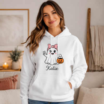 Alternative view of Personalized Cute Ghost Halloween Hoodie, Custom Name Pink Bow Ghost Sweatshirt, Kids Spooky Season Hoodie