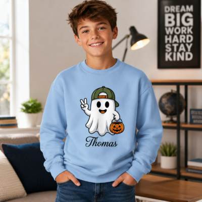 Alternative view of Personalized Cute Ghost Halloween Sweatshirt, Custom Name Boy Ghost Pumpkin Crewneck, Kids Spooky Season Shirt