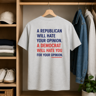 Alternative view of Republican Democrat Opinion Shirt, Funny Political Back Print T-Shirt, Unisex and V-Neck Debate Humor Tee