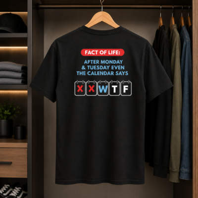 Alternative view of Fact of Life After Monday Tuesday Calendar Print Back Shirt, Funny Weekday Quote T-Shirt, Sarcastic Office Humor Tee