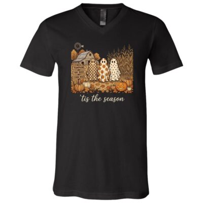 ’Tis The Season Ghost Halloween Shirt, Cute Fall Pumpkin Corn Maze T-Shirt, Cozy Autumn Spooky Season Tee, Black, V-Neck T-Shirt