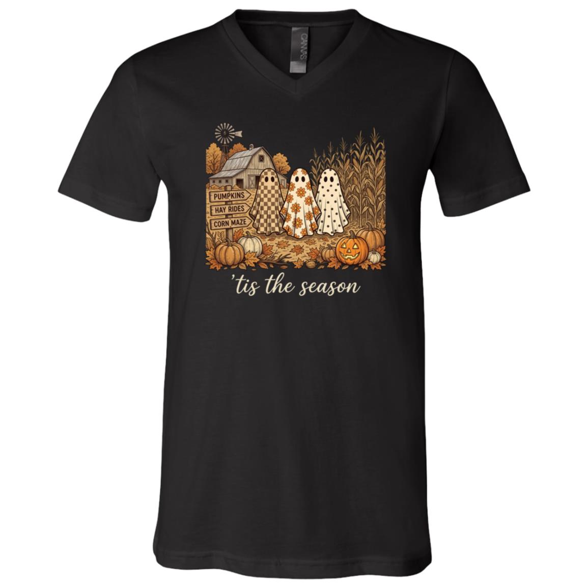 ’Tis The Season Ghost Halloween Shirt, Cute Fall Pumpkin Corn Maze T-Shirt, Cozy Autumn Spooky Season Tee, Black, V-Neck T-Shirt