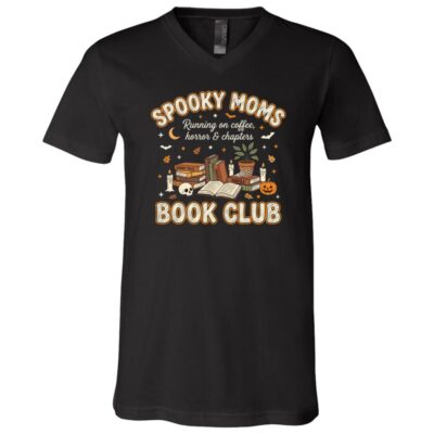 Spooky Moms Book Club Halloween Shirt, Running On Coffee Horror And Chapters T-Shirt, Book Lover Halloween Tee, Black, V-Neck T-Shirt
