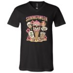 Summerween Skeleton Ice Cream Shirt, Spooky Summer Halloween T-Shirt, Cute Skeleton Beach Vacation Tee, Black, V-Neck T-Shirt