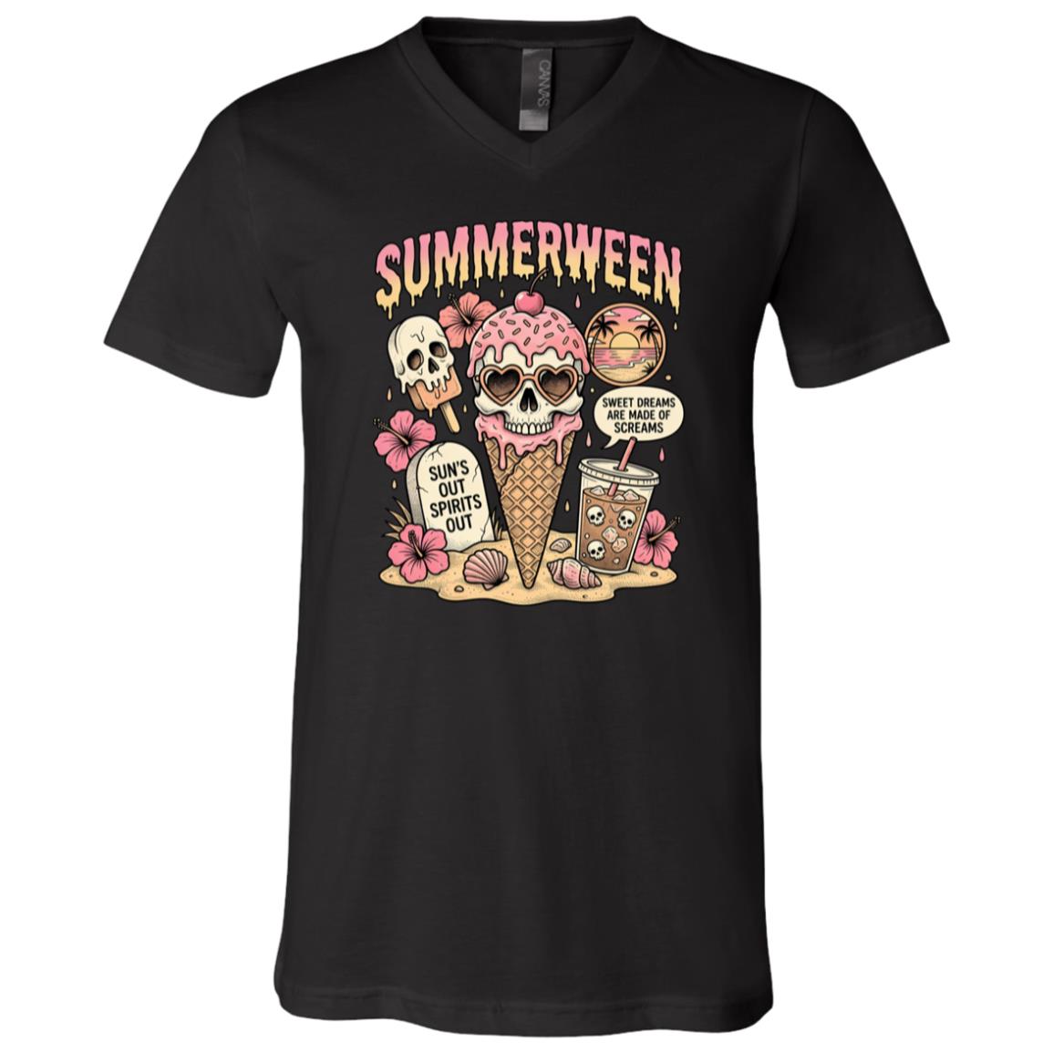 Summerween Skeleton Ice Cream Shirt, Spooky Summer Halloween T-Shirt, Cute Skeleton Beach Vacation Tee, Black, V-Neck T-Shirt