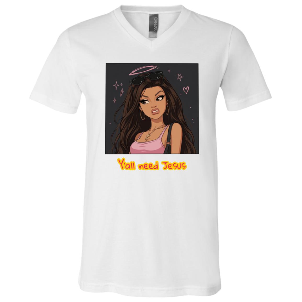Y’all Need Jesus Funny Graphic T-Shirt, Cute Cartoon Girl Faith Shirt, Trendy Christian Humor Tee, White, V-Neck T-Shirt Y’all Need Jesus Funny Graphic T-Shirt, Cute Cartoon Girl Faith Shirt, Trendy Christian Humor Tee, White, V-Neck T-Shirt