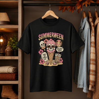 Alternative view of Summerween Skeleton Ice Cream Shirt, Spooky Summer Halloween T-Shirt, Cute Skeleton Beach Vacation Tee