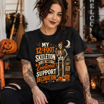 Alternative view of My 12 Foot Skeleton Is My Emotional Support Decoration Shirt, Funny Halloween Skeleton T-Shirt