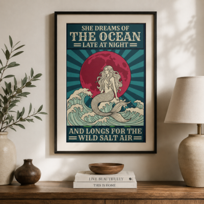 Alternative view of She Dreams Of The Ocean Late At Night Canvas Poster, Mermaid Wall Art, Coastal Beach Decor, Ocean Lover Gift, Wild Salt Air Vintage Poster