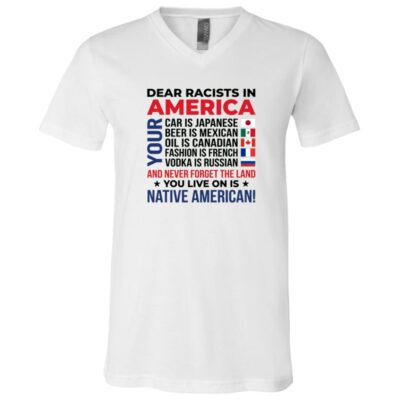 Dear Racists in America Shirt, Native American Land Political T-Shirt, Anti Racism Equality Tee, White, V-Neck T-Shirt