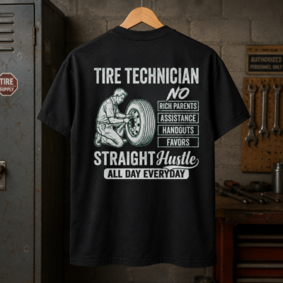 Alternative view of Tire Technician Back Print Shirt, Straight Hustle Graphic Back T-Shirt, Auto Mechanic Tire Shop Worker Tee