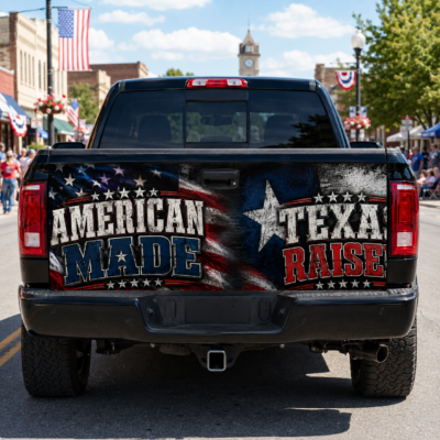 Alternative view of American Made Texas Raised Tailgate Wrap Decal for Pickup Truck, Patriotic Texas Flag Truck Tailgate Graphic