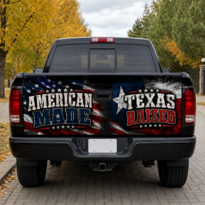 American Made Texas Raised Tailgate Wrap Decal for Pickup Truck, Patriotic Texas Flag Truck Tailgate Graphic