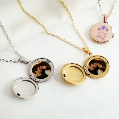 Alternative view of Personalized Birth Flower Photo Locket Necklace, Custom Birth Month Flower Pendant with Picture Inside, Silver Gold Rose Gold Gift for Her