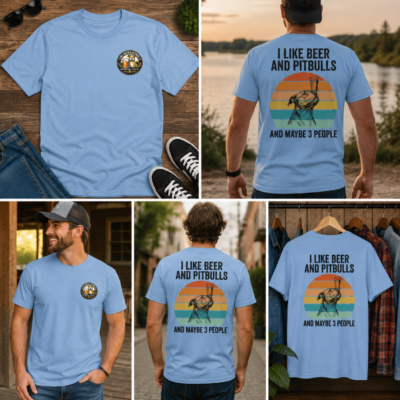 Alternative view of I Like Beer and Pitbulls and Maybe 3 People Shirt, Funny Pitbull Dog Lover Front and Back Print T-Shirt, Vintage Retro Beer Dog Tee
