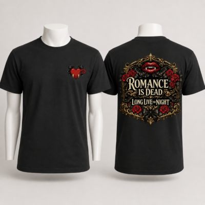 Alternative view of Romance Is Dead Long Live The Night Shirt, Gothic Vampire Front & Back Print T-Shirt, Dark Romance Halloween Tee, Vamp Romantic Graphic Shirt