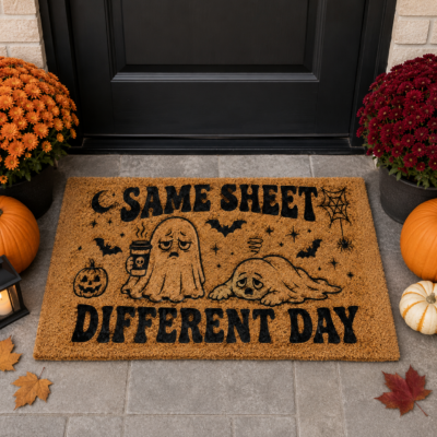 Alternative view of Same Sheet Different Day Halloween Doormat, Funny Tired Ghost Coffee Welcome Mat, Spooky Ghost Front Door Mat, Halloween Porch Decor