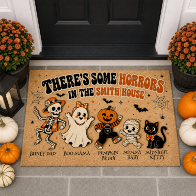 Alternative view of Personalized Halloween Family Doormat, There’s Some Horrors In This House Custom Family Name Welcome Mat, Skeleton Ghost Pumpkin Black Cat Door Mat