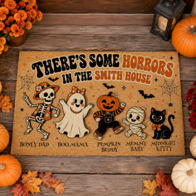 Personalized Halloween Family Doormat, There’s Some Horrors In This House Custom Family Name Welcome Mat, Skeleton Ghost Pumpkin Black Cat Door Mat