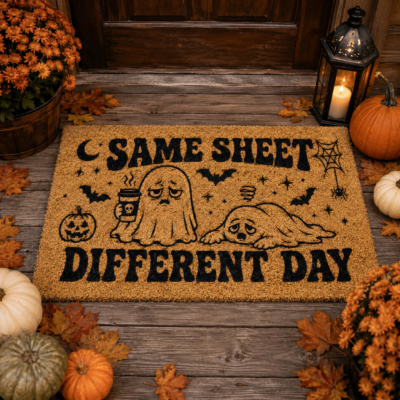 Same Sheet Different Day Halloween Doormat, Funny Tired Ghost Coffee Welcome Mat, Spooky Ghost Front Door Mat, Halloween Porch Decor