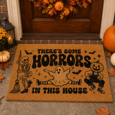Alternative view of There’s Some Horrors In This House Doormat – Funny Halloween Skeleton Ghost Pumpkin Door Mat, Spooky Season Welcome Mat, Halloween Porch Decor