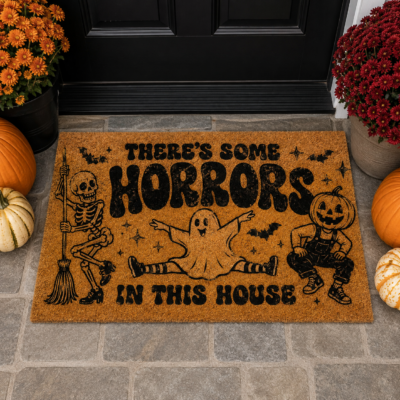 There’s Some Horrors In This House Doormat – Funny Halloween Skeleton Ghost Pumpkin Door Mat, Spooky Season Welcome Mat, Halloween Porch Decor