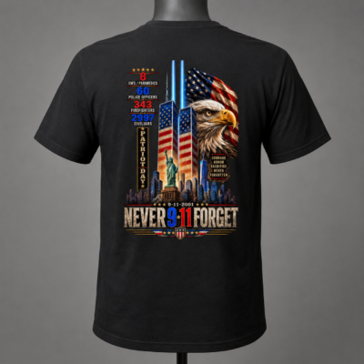 Alternative view of Never Forget 9/11 Memorial Shirt – Patriot Day Twin Towers American Eagle Flag First Responders September 11 Tribute T-Shirt