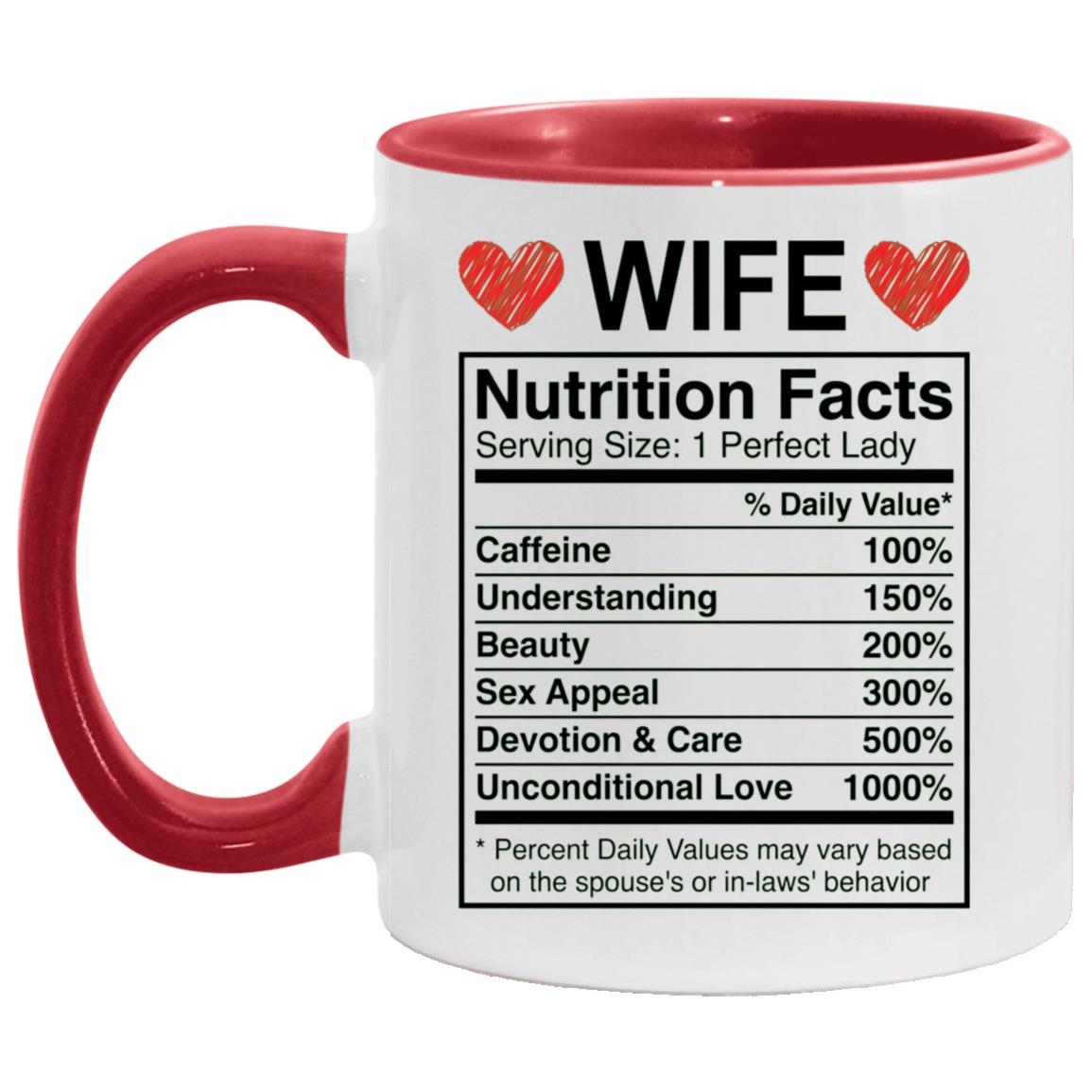 Wife Nutrition Facts Accent Mug, Funny Wife Coffee Mug, Gift for Wife from Husband, Anniversary Gift for Her, White/Red, 11 oz. Accent Mug Wife Nutrition Facts Accent Mug, Funny Wife Coffee Mug, Gift for Wife from Husband, Anniversary Gift for Her, White/Red, 11 oz. Accent Mug