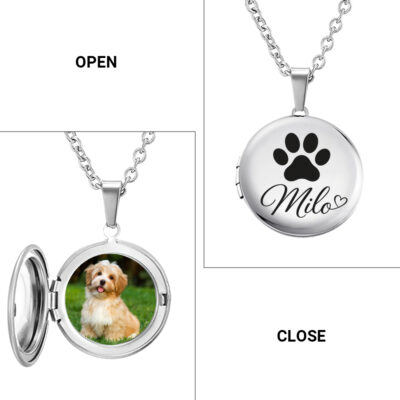 Personalized Pet Photo Locket Necklace, Custom Dog Name & Paw Pendant, Pet Memorial Gift for Dog Mom