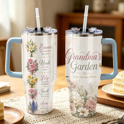 Alternative view of Personalized 40oz Birth Flower Tumbler with Handle, Custom Name Floral Cup, Grandma’s Garden Tumbler, Gift for Mom Grandma
