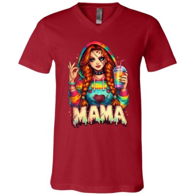 Custom Halloween Mama Shirt, Personalized Horror Character Tee, Spooky Mom T-Shirt, Creepy Halloween Graphic Shirt,, Canvas Red, V-Neck T-Shirt