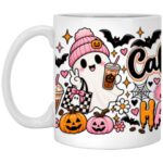 Caffeinated & Slightly Haunted Halloween Mug, Cute Pink Ghost Coffee Cup, Spooky Season Gift for Her, White, 11 oz. White Mug