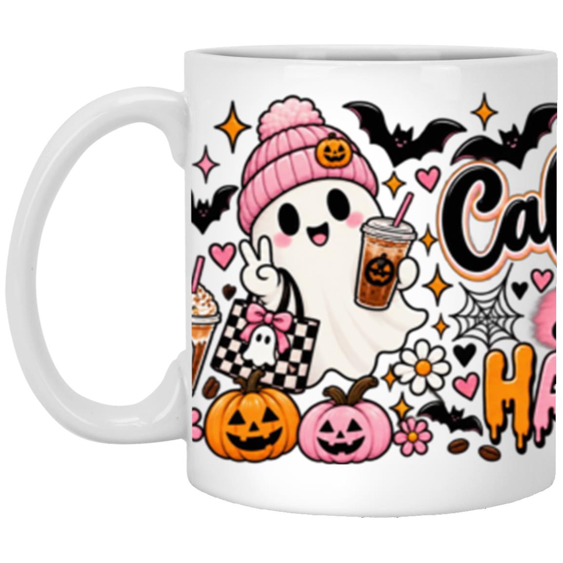 Caffeinated & Slightly Haunted Halloween Mug, Cute Pink Ghost Coffee Cup, Spooky Season Gift for Her, White, 11 oz. White Mug Caffeinated & Slightly Haunted Halloween Mug, Cute Pink Ghost Coffee Cup, Spooky Season Gift for Her, White, 11 oz. White Mug