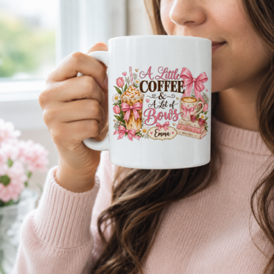 Alternative view of Personalized Coquette Bow Mug, A Little Coffee & A Lot of Bows Cup, Custom Name Pink Coffee Mug for Her