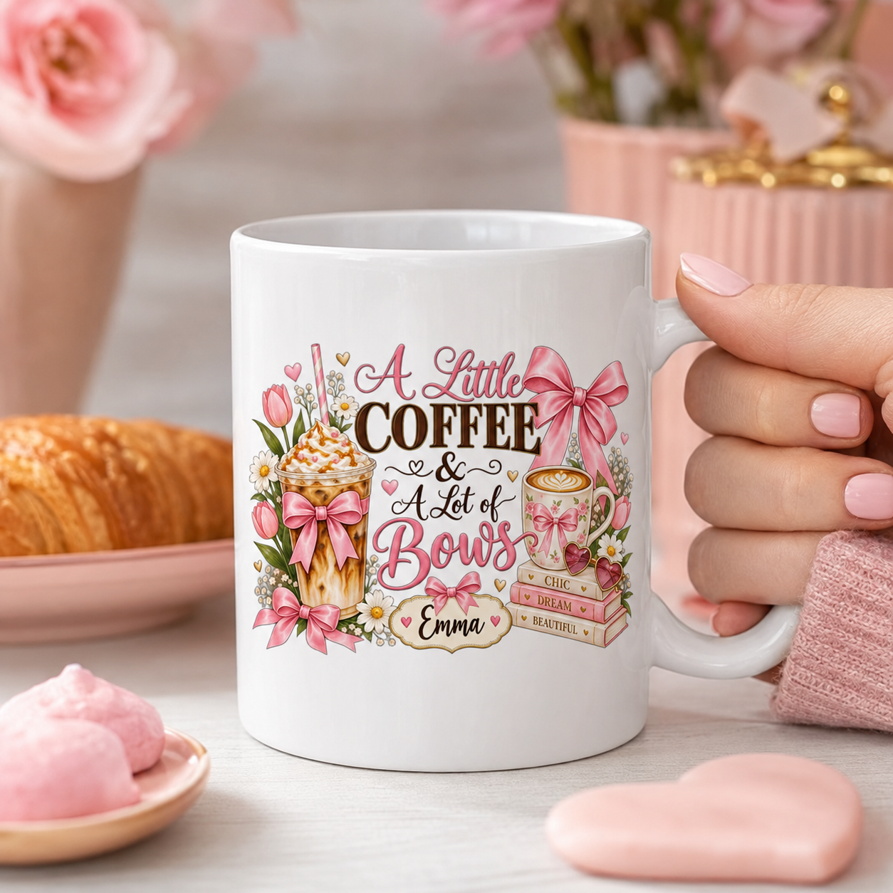 Personalized Coquette Bow Mug, A Little Coffee & A Lot of Bows Cup, Custom Name Pink Coffee Mug for Her - Image 3
