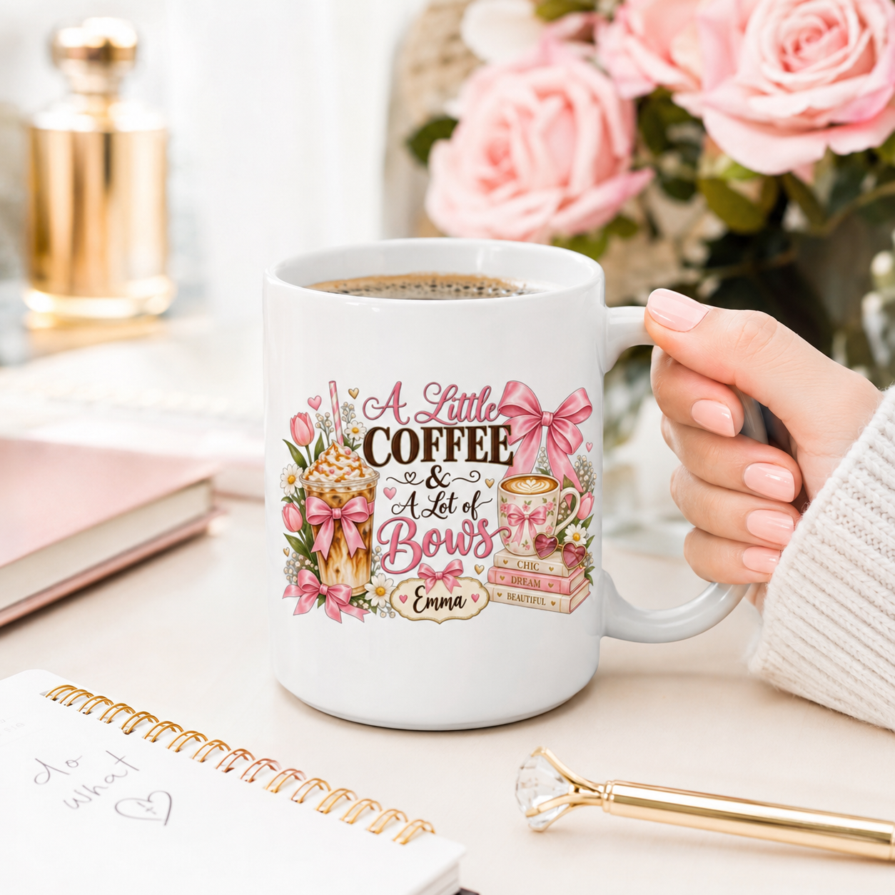 Personalized Coquette Bow Mug, A Little Coffee & A Lot of Bows Cup, Custom Name Pink Coffee Mug for Her - Image 5