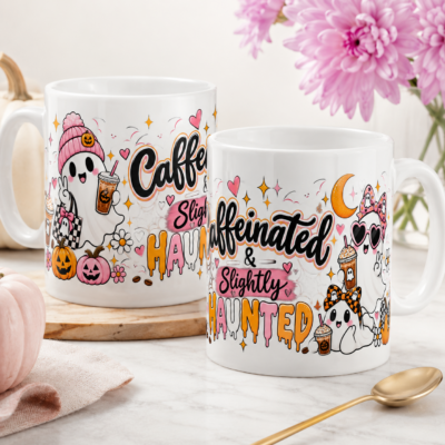 Alternative view of Caffeinated & Slightly Haunted Halloween Mug, Cute Pink Ghost Coffee Cup, Spooky Season Gift for Her