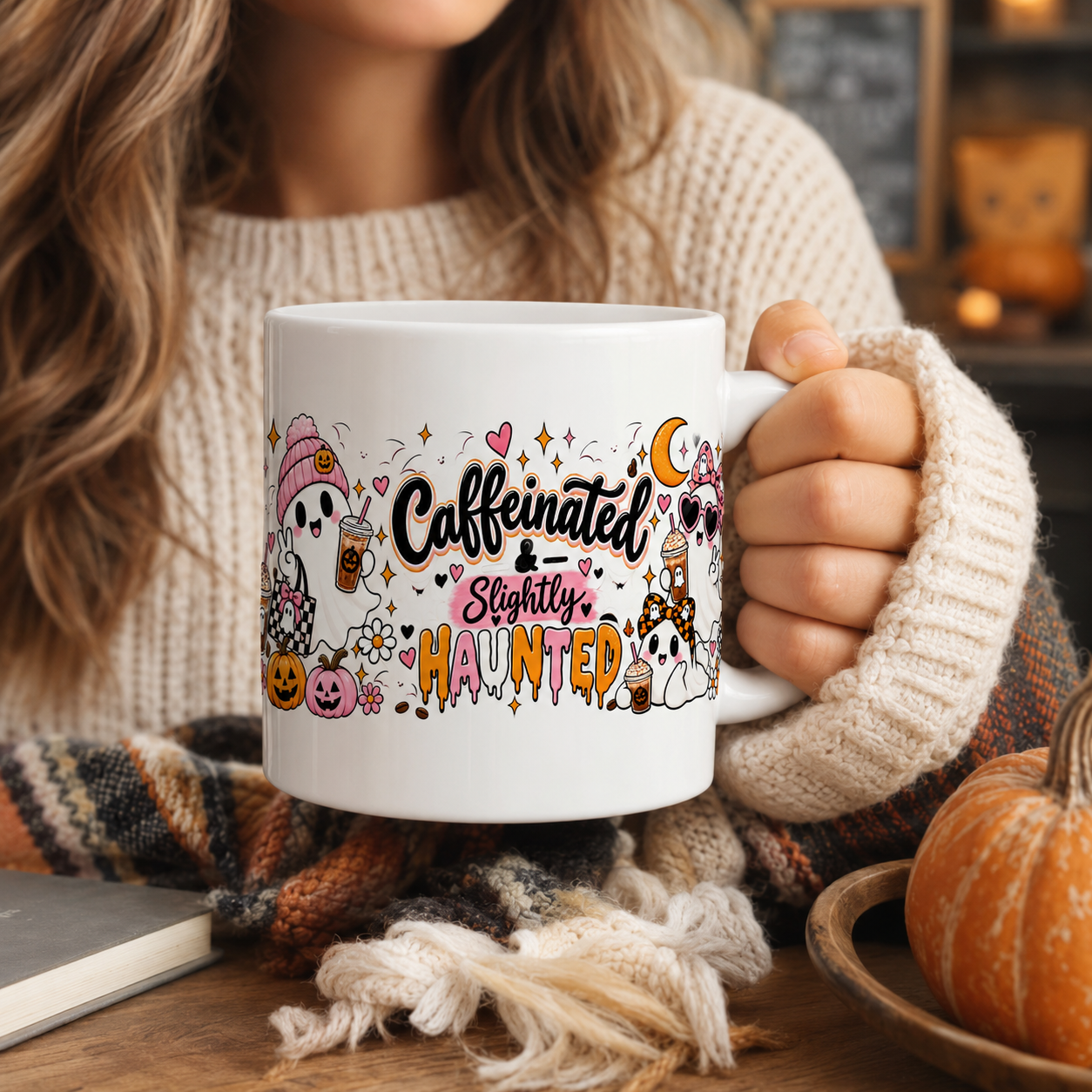 Caffeinated & Slightly Haunted Halloween Mug, Cute Pink Ghost Coffee Cup, Spooky Season Gift for Her - Image 3