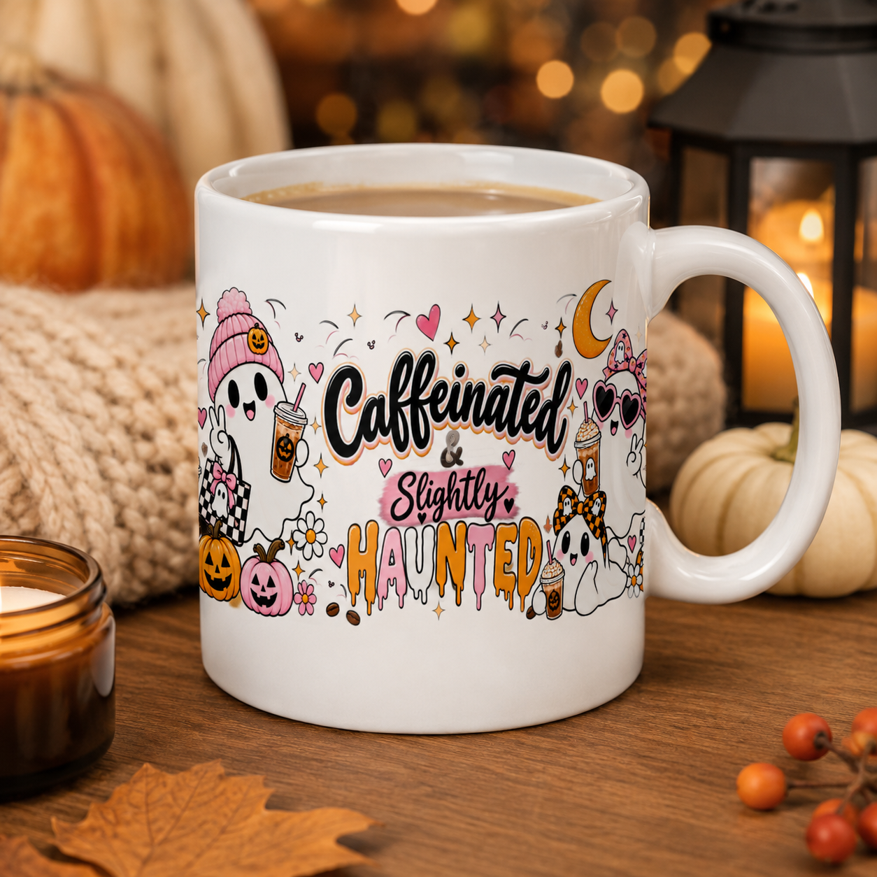 Caffeinated & Slightly Haunted Halloween Mug, Cute Pink Ghost Coffee Cup, Spooky Season Gift for Her - Image 4