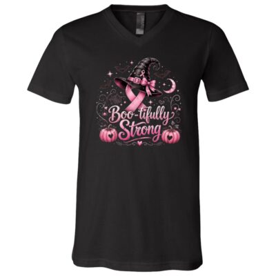 Boo-tifully Strong Breast Cancer Halloween Shirt, Pink Ribbon Witch T-Shirt, Breast Cancer Awareness Halloween Tee, Black, V-Neck T-Shirt